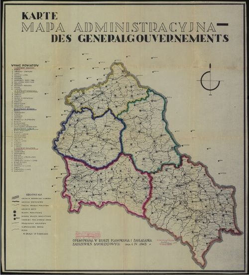„Karte des Generalgouvernements” - mapa administracyjna Generalnego Gubernatorstwa, 1943 r. (ze zbiorów Biblioteki Narodowej)
