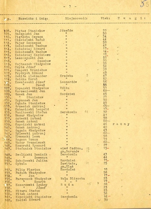 Odpis „Wykazu imiennego osób zabitych przez ekspedycję karną niemiecką w dniu 14 kwietnia 1940 r. w kol. Józefów, gm. Serokomla i pochowanych tamże we wspólnej mogile” powstałego w Serokomli w 1945 r. (z zasobu IPN)