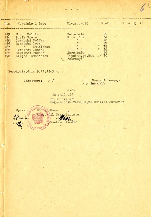 Odpis „Wykazu imiennego osób zabitych przez ekspedycję karną niemiecką w dniu 14 kwietnia 1940 r. w kol. Józefów, gm. Serokomla i pochowanych tamże we wspólnej mogile” powstałego w Serokomli w 1945 r. (z zasobu IPN)