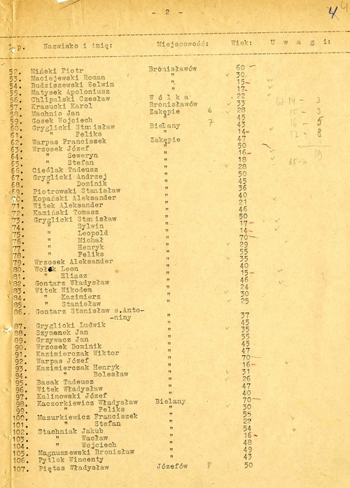 Odpis „Wykazu imiennego osób zabitych przez ekspedycję karną niemiecką w dniu 14 kwietnia 1940 r. w kol. Józefów, gm. Serokomla i pochowanych tamże we wspólnej mogile” powstałego w Serokomli w 1945 r. (z zasobu IPN)