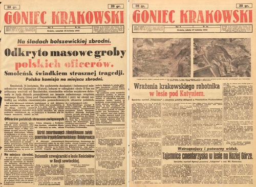 Doniesienia okupacyjnego dziennika propagandowego o odkryciu miejsca zbrodni na polskich oficerach w Związku Sowieckim. „Goniec Krakowski”, nr 88 i 90 z kwietnia 1943 r.