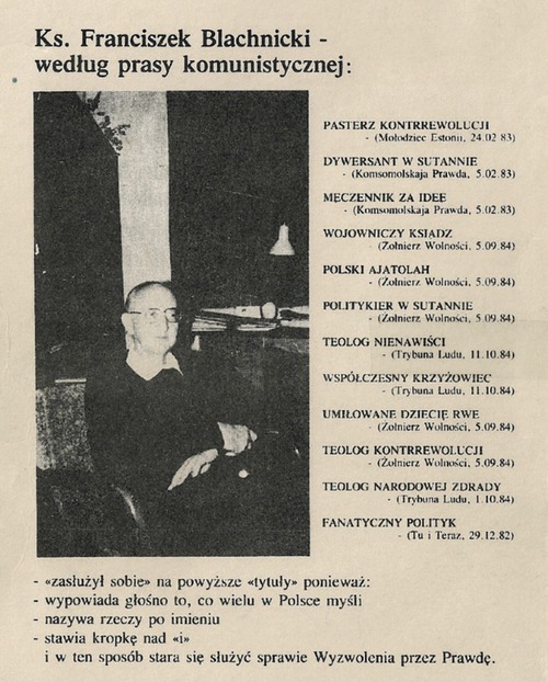 IV strona okładki książki ks. Franciszka Blachnickiego Prawda – Krzyż – Wyzwolenie wydanej przez Maximilianum w Carlsbergu w 1985 r. Autor zestawił epitety pod swoim adresem z prasy komunistycznej (Archiwum Główne Ruchu Światło-Życie)