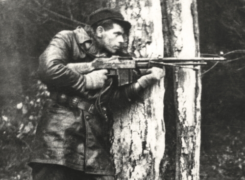 Zdzisław de Ville „Zdzich”, członek oddziału „Jędrusie”, z karabinem maszynowym Browning (fot. domena publiczna)