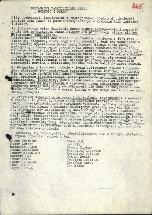 Deklaracja założycielska Ruchu „Wolność i Pokój” z 14 kwietnia 1985 r. (z zasobu AIPN)