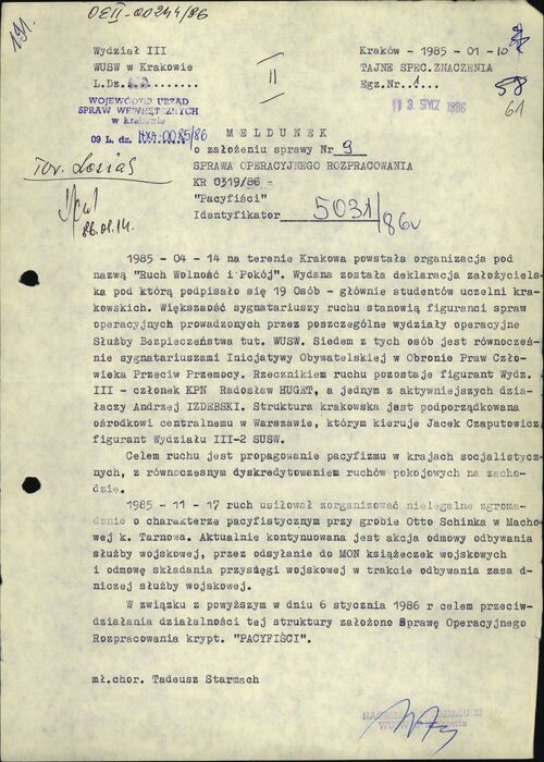 Meldunek o założeniu SOR krypt. „Pacyfiści” z 10 stycznia 1986 r. (z zasobu AIPN)