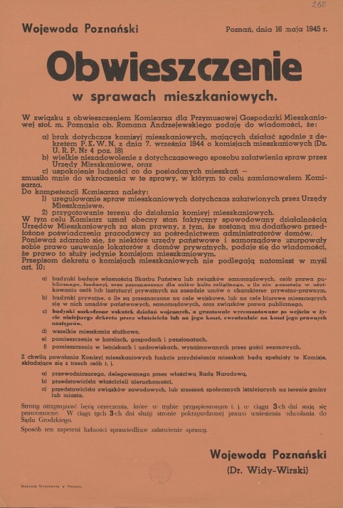 Obwieszczenie Wojewody Poznańskiego w sprawach mieszkaniowych, 16 maja 1945 r. (z zasobu Biblioteki Narodowej)