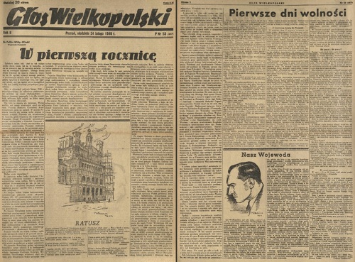 Pierwsze strony „Głosu Wielkopolski” z 24 lutego 1946 r. z tekstem wojewody poznańskiego Feliksa Widy-Wirskiego