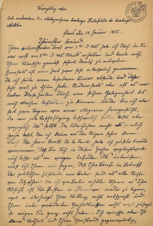Odpis listu hr. Maksymiliana von Hatzfeld do hr. Augusta von Nostitz z dnia 10 stycznia 1855 r. (ze zbiorów Oddziałowego Archiwum IPN we Wrocławiu)