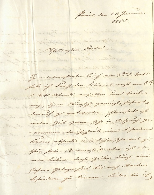 Oryginał listu hr. Maksymiliana von Hatzfeld do hr. Augusta von Nostitz z dnia 10 stycznia 1855 r. (ze zbiorów Archiwum Państwowego we Wrocławiu)