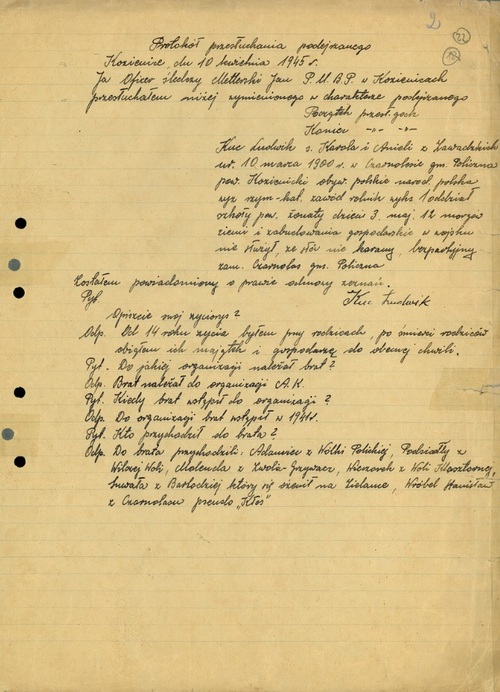 Protokół przesłuchania podejrzanego Ludwika Kuca, Kozienice 10 kwietnia 1945 r. (z zasobu Archiwum IPN w Kielcach)