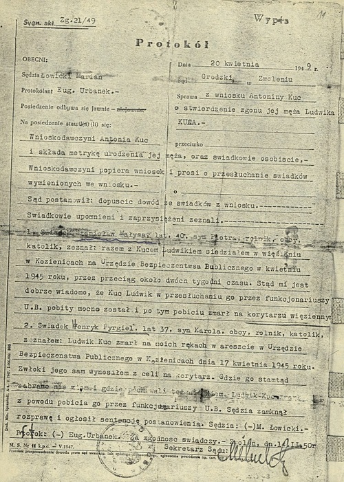 Protokół rozprawy o stwierdzenie zgonu Ludwika Kuca, Zwoleń 20 kwietnia 1949 r. (z zasobu Archiwum IPN w Kielcach)