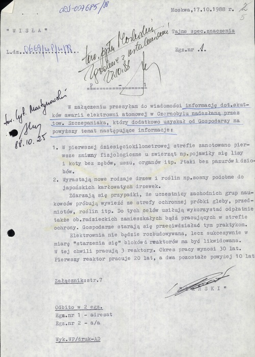 Pismo Grupy „Wisła” do Departamentu II MSW w Warszawie dotyczące skutków awarii w Czarnobylu. Moskwa, 17 października 1988 r. (z zasobu AIPN)