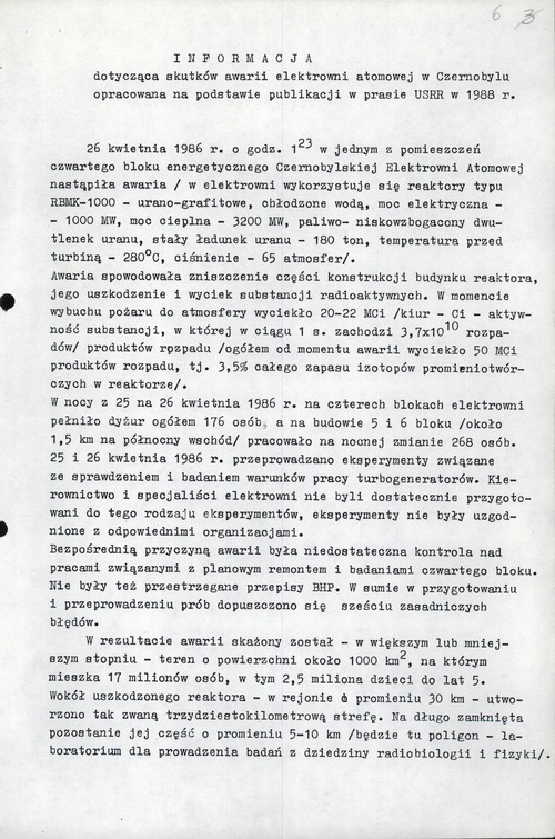 Informacja dotycząca skutków awarii elektrowni atomowej w Czarnobylu, strona pierwsza z siedmiu, [Moskwa, październik 1988 r.], przekazana do Departamentu II MSW przez pracowników Grupy „Wisła” (z zasobu AIPN)