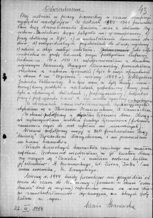 Oświadczenie Marii Straszewskiej z 22 marca 1954 r. (z zasobu AIPN)