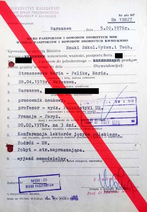 Wniosek prof. Zdzisława Mikulskiego, prorektora Uniwersytetu Warszawskiego, o wydanie paszportu dla Marii Straszewskiej w związku z wyjazdem do Paryża na konferencję lektorów języka polskiego. Warszawa, 5 lutego 1976 r. (z zasobu AIPN)