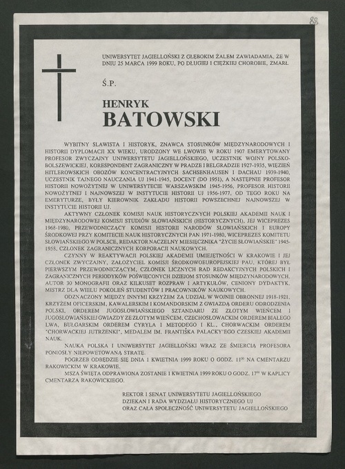 Obwieszczenie o zgonie Henryka Batowskiego w 1999 r. (ze zbiorów Biblioteki Narodowej)