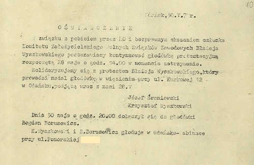 Oświadczenie solidarności z Błażejem Wyszkowskim oraz woli kontynuacji  protestu głodowego przeciwko jego aresztowaniu. Gdańsk, 30 maja 1978 r. Z zasobu IPN