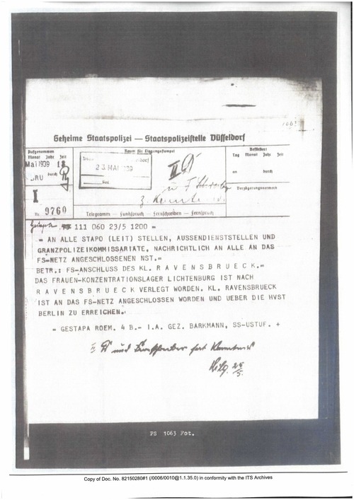 Telegram z maja 1939 r. dotyczący transportu kobiet z Lichtenburga do FKL Ravensbrück (z zasobu AIPN. Baza elektroniczna Arolsen Archives)