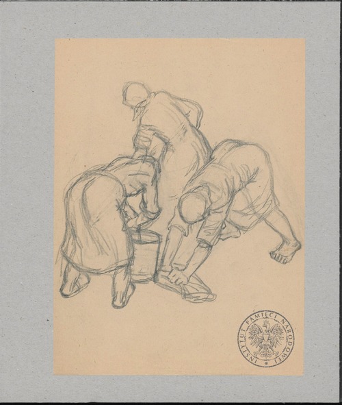 Porządki w bloku. Rysunek pochodzący ze znajdującej się w zasobie Archiwum IPN w Warszawie Kolekcji grafik, rysunków i akwareli autorstwa Marii Hiszpańskiej-Neumann