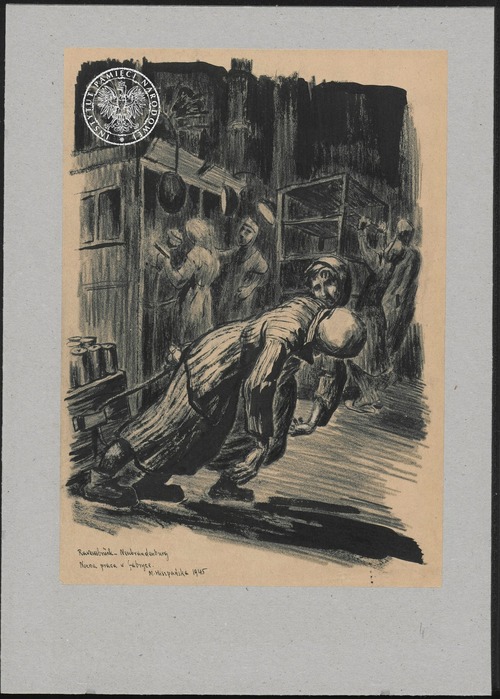 „Ravensbrück–Neubrandenburg. Nocna praca w fabryce 1945”. Rysunek pochodzący ze znajdującej się w zasobie Archiwum IPN w Warszawie Kolekcji grafik, rysunków i akwareli autorstwa Marii Hiszpańskiej-Neumann