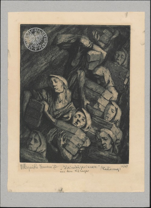 Dźwigające z obozu koncentracyjnego (Steinträgerinnen aus dem KL Lager, 1947 r. U dołu podpis artystki i symbol myszki. Rysunek pochodzący ze znajdującej się w zasobie Archiwum IPN w Warszawie Kolekcji grafik, rysunków i akwareli autorstwa Marii Hiszpańskiej-Neumann