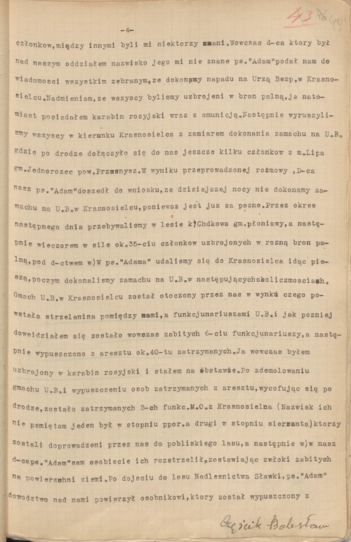 Fragment zeznań Bolesława Częścika ps. Orlik, uczestnika akcji na siedzibę PUBP w Krasnosielcu, złożonych podczas śledztwa w WUBP w Warszawie, 13 IX 1950 r. (sygn. IPN)