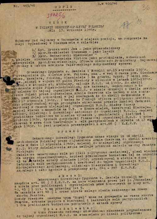 Fragment odpisu wyroku Wojskowego Sądu Rejonowego w Warszawie wydanego w sprawie Zygmunta Góreckiego podczas rozprawy sądowej na sesji wyjazdowej w Ciechanowie 17 września 1946 r. (z zasobu IPN)