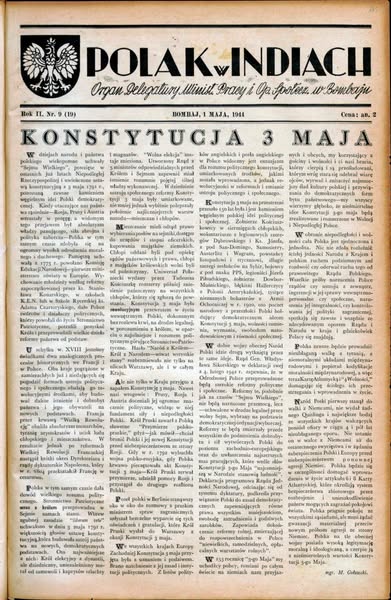 Pierwsza strona „Polaka w Indiach” poświęcona Konstytucji 3 maja, 1 maja 1944 r. (z zasobu AIPN)