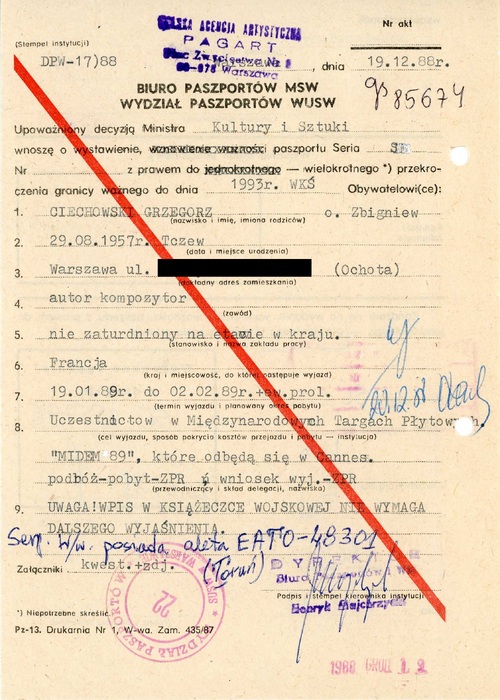 Zgoda na uczestnictwo Grzegorza Ciechowskiego w Międzynarodowych Targach Płytowych MIDEM’89, z akt paszportowych (z zasobu AIPN)