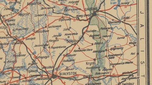 Okolice Kuźnicy na mapie z 1945 r. prezentującej m.in. przebieg granicy polsko-sowieckiej (ze zbiorów Biblioteki Narodowej)