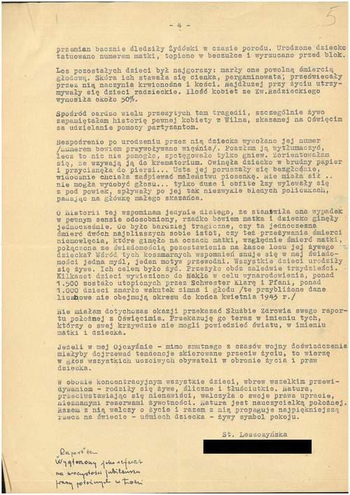 „Raport położnej z Oświęcimia”, wygłoszony jako referat przez Stanisławę Leszczyńską na uroczystości jubileuszu pracy położnych w Łodzi (z zasobu IPN)