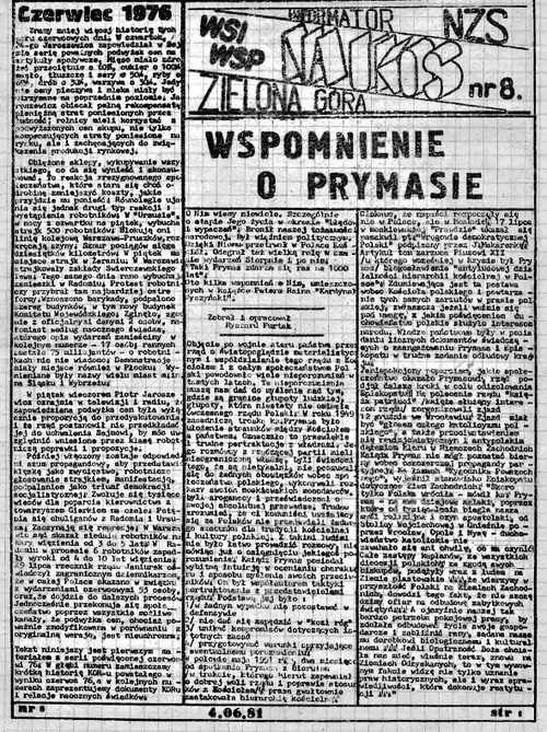 "Na ukos" - jednodniówka NZS, nr 8 z czerwca 1981 r. (ze zbiorów Zielonogórskiej Biblioteki Cyfrowej)