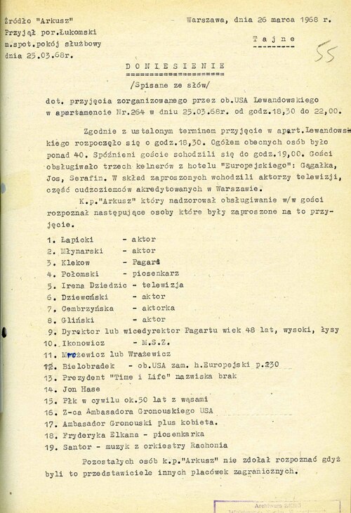Pierwsza strona doniesienia dotyczącego przyjęcia zorganizowanego przez Roberta Lewandowskiego w apartamencie hotelowym 26 marca 1968 r. w Warszawie. Dokument z akt osobowych cudzoziemca (z zasobu IPN)