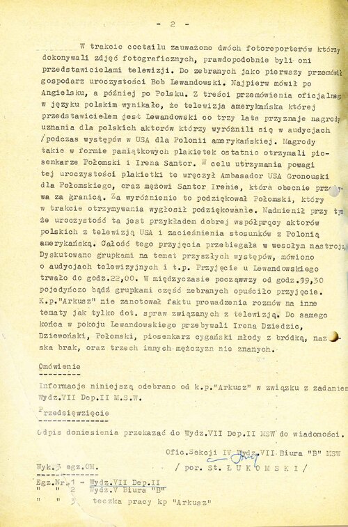 Druga strona doniesienia dotyczącego przyjęcia zorganizowanego przez Roberta Lewandowskiego w apartamencie hotelowym 26 marca 1968 r. w Warszawie. Dokument z akt osobowych cudzoziemca (z zasobu  IPN)