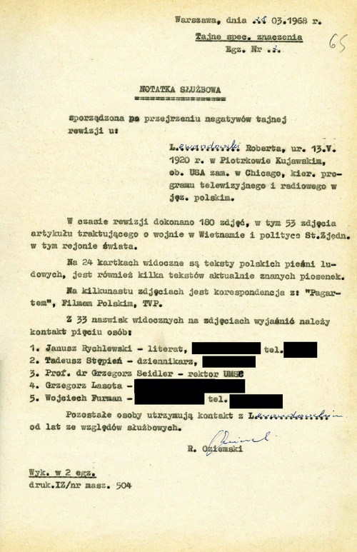 Notatka służbowa z 28 III 1968 r. po przejrzeniu negatywów z tajnej rewizji w apartamencie hotelowym, w którym zameldowany był Robert Lewandowski. Dokument z akt osobowych cudzoziemca (z zasobu IPN)