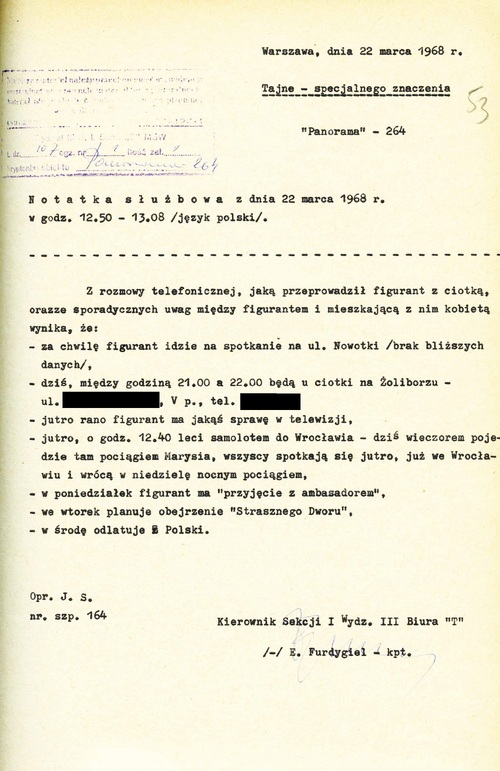 Notatka służbowa z 22 III 1968 r. z podsłuchu telefonicznego. Streszczenie rozmowy Roberta Lewandowskiego z jego ciotką Sabiną Lewandowską. Dokument z akt osobowych cudzoziemca (z zasobu IPN)
