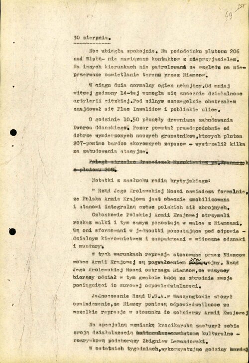 49 strona pamiętnika z okresu powstania warszawskiego autorstwa Stefana Szuby, członka pułku „Żaglowiec”. Relacja z przebiegu wydarzeń z dnia 30 sierpnia (fot. z zasobu IPN)