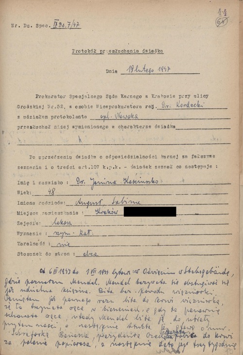 Zeznania złożone przez Janinę Kościuszko – świadka podczas procesu sądowego byłych członków załogi KL Auschwitz-Birkenau – w dniu 19 lutego 1947 r. (z zasobu AIPN)_