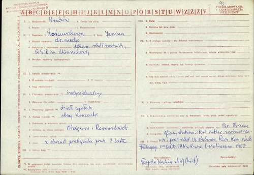 Ankieta Głównej Komisji Badania Zbrodni Hitlerowskich w Polsce oraz Okręgowej Komisji Badania Hitlerowskich w Warszawie dot. Janiny Kościuszko (z zasobu AIPN)