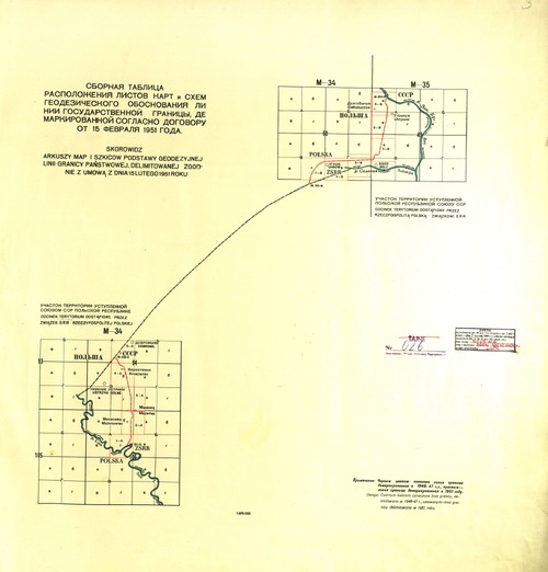 Fragment mapy przedstawiający zmiany w terytorium Polski po delimitacji granicy z ZSRS w 1951 r. Dokument pochodzi z „Albumu map i szkiców podstawy geodezyjnej granicy państwowej między Rzecząpospolitą Polską a Związkiem Socjalistycznych Republik Radzieckich, delimitowanej w 1951 roku”