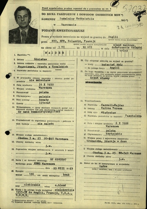 Strona pierwsza kwestionariusza podania paszportowego Z. Najdera z akt SOR krypt. „Carol”. Warszawa, 21 IV 1977 r. (z zasobu IPN)
