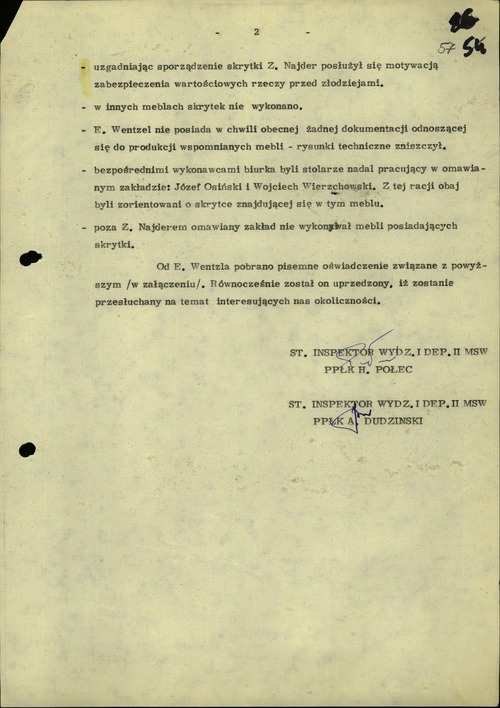 Notatka służbowa dotycząca wykonania skrytki dla Z. Najdera, sporządzona w Departamencie I MSW (strona 1 z 2). Warszawa, 3 VI 1982 r. (z zasobu IPN)