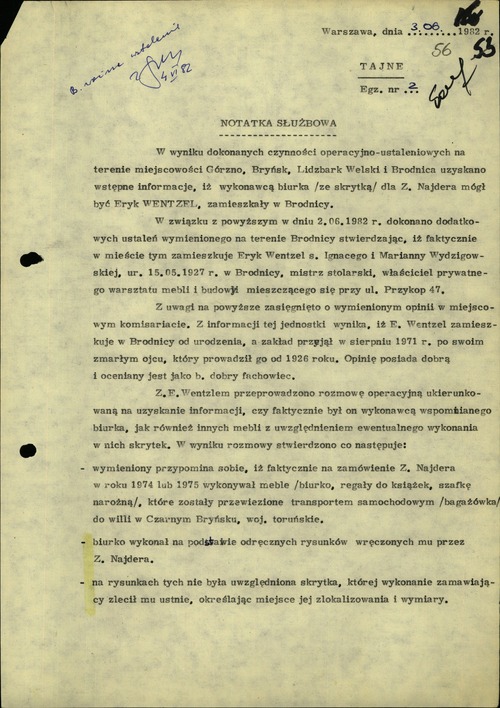 Notatka służbowa dotycząca wykonania skrytki dla Z. Najdera, sporządzona w Departamencie I MSW (strona 2 z 2). Warszawa, 3 VI 1982 r. (z zasobu IPN)