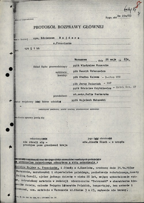 Pismo szefa Oddziału V NPW do Sądu Warszawskiego Okręgu Wojskowego w sprawie przesłania aktu oskarżenia przeciwko Z. Najderowi. Warszawa, 11 V 1983 r. (z zasobu IPN)