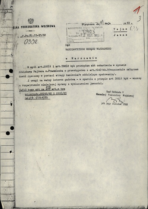 Protokół rozprawy głównej w sprawie Z. Najdera (strona pierwsza). Warszawa, 26 V 1983 r. (zasobu IPN)