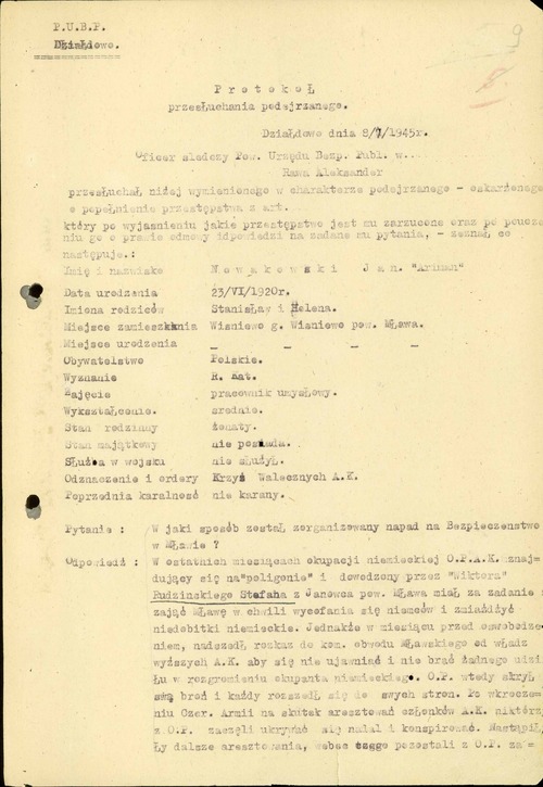 Fragment zeznań Jana Nowakowskiego ps. „Aryman” dotyczących „napadu na Bezpieczeństwo w Mławie”. Działdowo, 8 VII 1945 r. (z zasobu IPN)