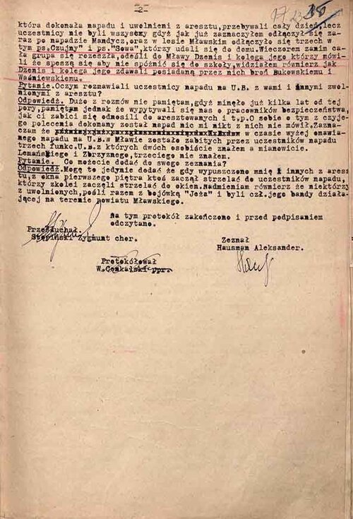 Fragment zeznań Aleksandra Hausmana, jednego z więźniów oswobodzonych 3 czerwca 1945 roku z aresztu PUBP w Mławie. Mława, 10 marca 1951 roku