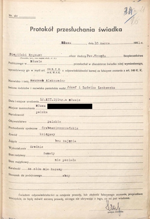 Fragment zeznań Aleksandra Hausmana, jednego z więźniów oswobodzonych 3 czerwca 1945 roku z aresztu PUBP w Mławie. Mława, 10 marca 1951 roku