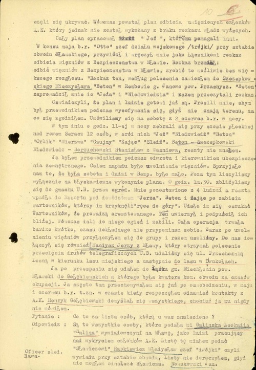 Fragment zeznań Jana Nowakowskiego ps. „Aryman” dotyczących „napadu na Bezpieczeństwo w Mławie”. Działdowo, 8 VII 1945 r. (z zasobu IPN)