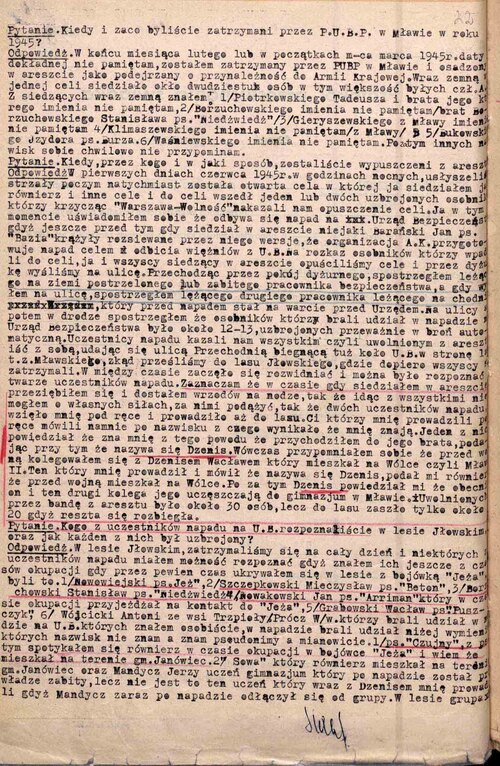 Fragment zeznań Aleksandra Hausmana, jednego z więźniów oswobodzonych 3 czerwca 1945 roku z aresztu PUBP w Mławie. Mława, 10 marca 1951 roku
